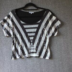 Charlotte Russe Black and White Sequined Top Sz L Short Sleeves